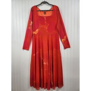 NEW BTFBM Women Red Abstract Mesh Maxi Dress Long Sleeve Square Neck XL